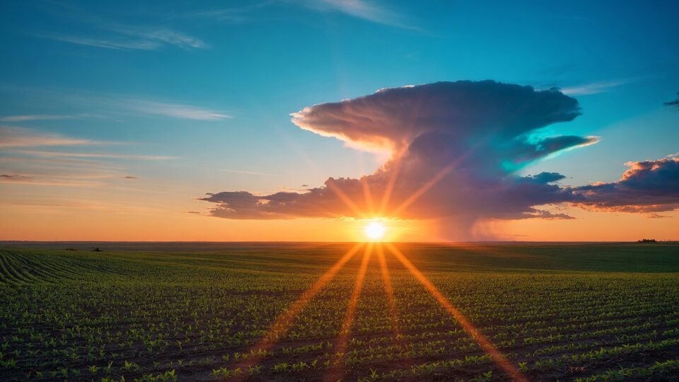 Sunrise over young green fields, a gold sunburst and a teal-lit cloud