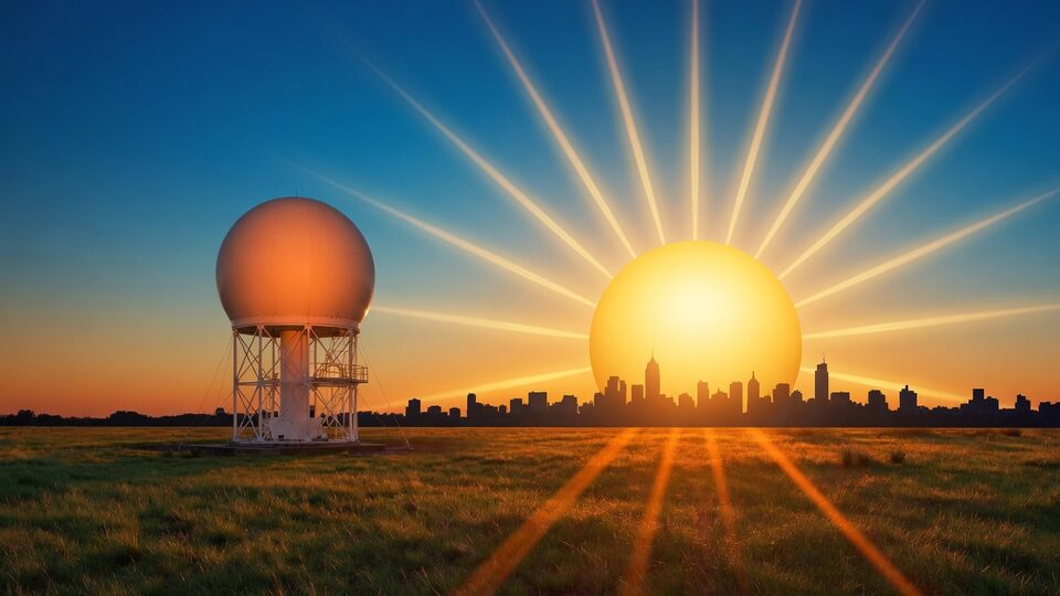 A large low sun behind a city skyline, rays like a clock, a radar dome in the same field