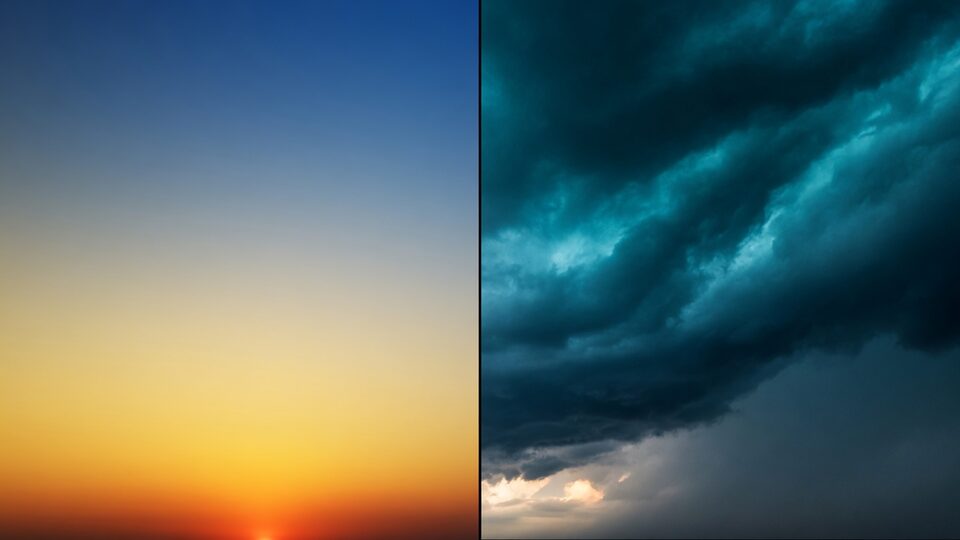 A sky split between clear gold morning and a teal storm