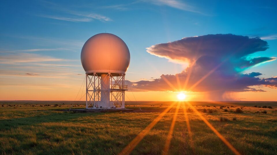 White weather radar dome on the prairie at sunrise, a gold sunburst, and a teal-lit storm cloud