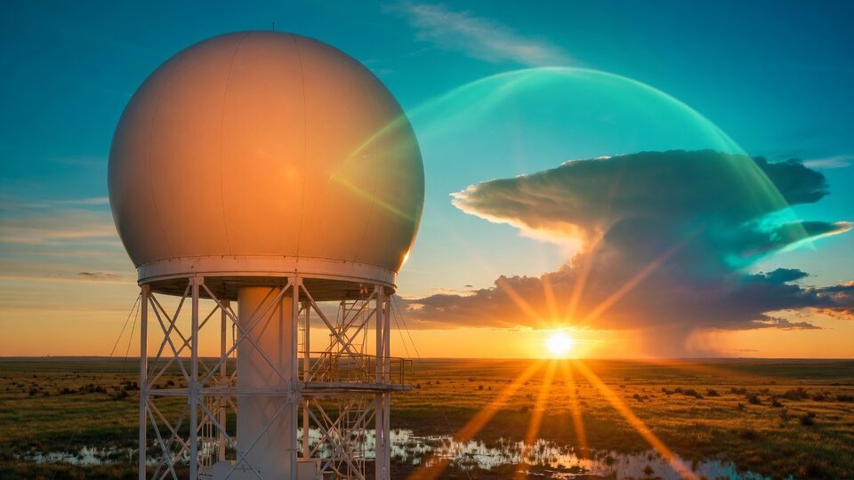 Close view of a white radar dome at sunrise, with a teal arc of light in the sky