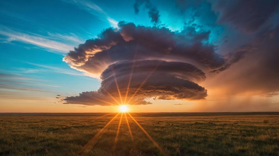 A wide supercell over the plains, the sun a sharp burst on the horizon