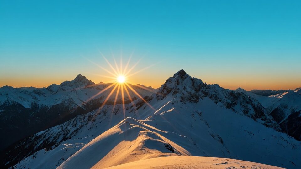 Snowy mountain ridges at sunrise under a clear sky