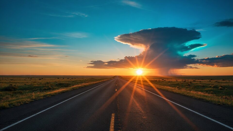 An empty two-lane highway running toward a sunrise under a teal-lit cloud