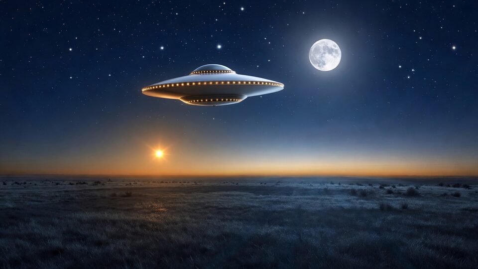 Illustration of a classic flying saucer over a night prairie, with the moon. Not a photograph of a sighting.