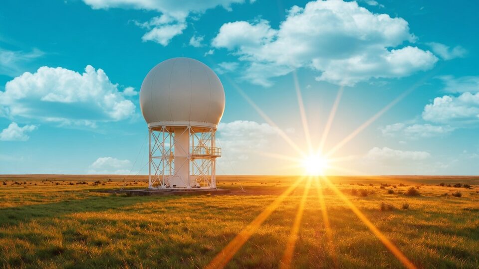 A bright Saturday morning over open grassland, a radar dome and a sharp sunburst